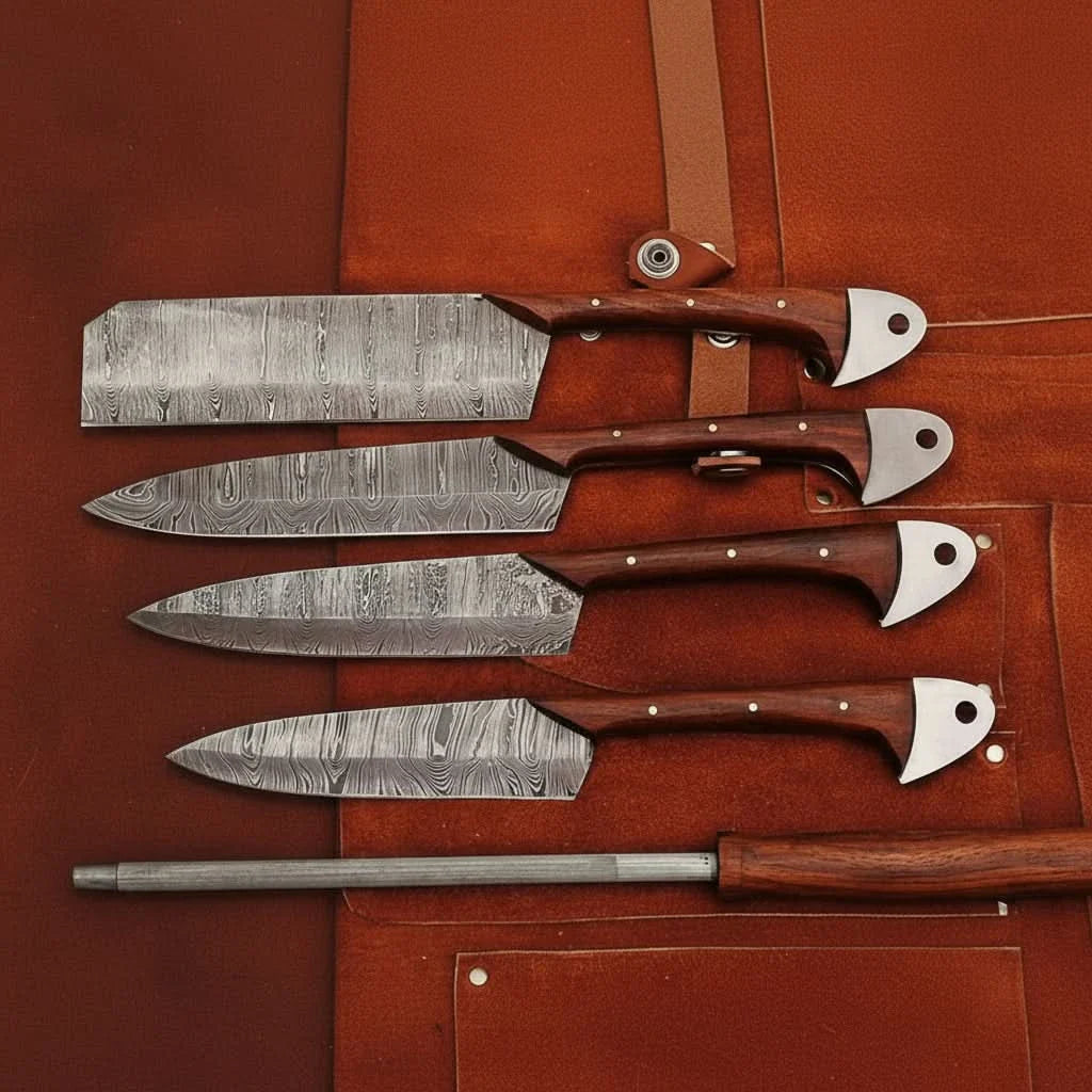 Handmade damascus steel knife with wood handle on dark surface