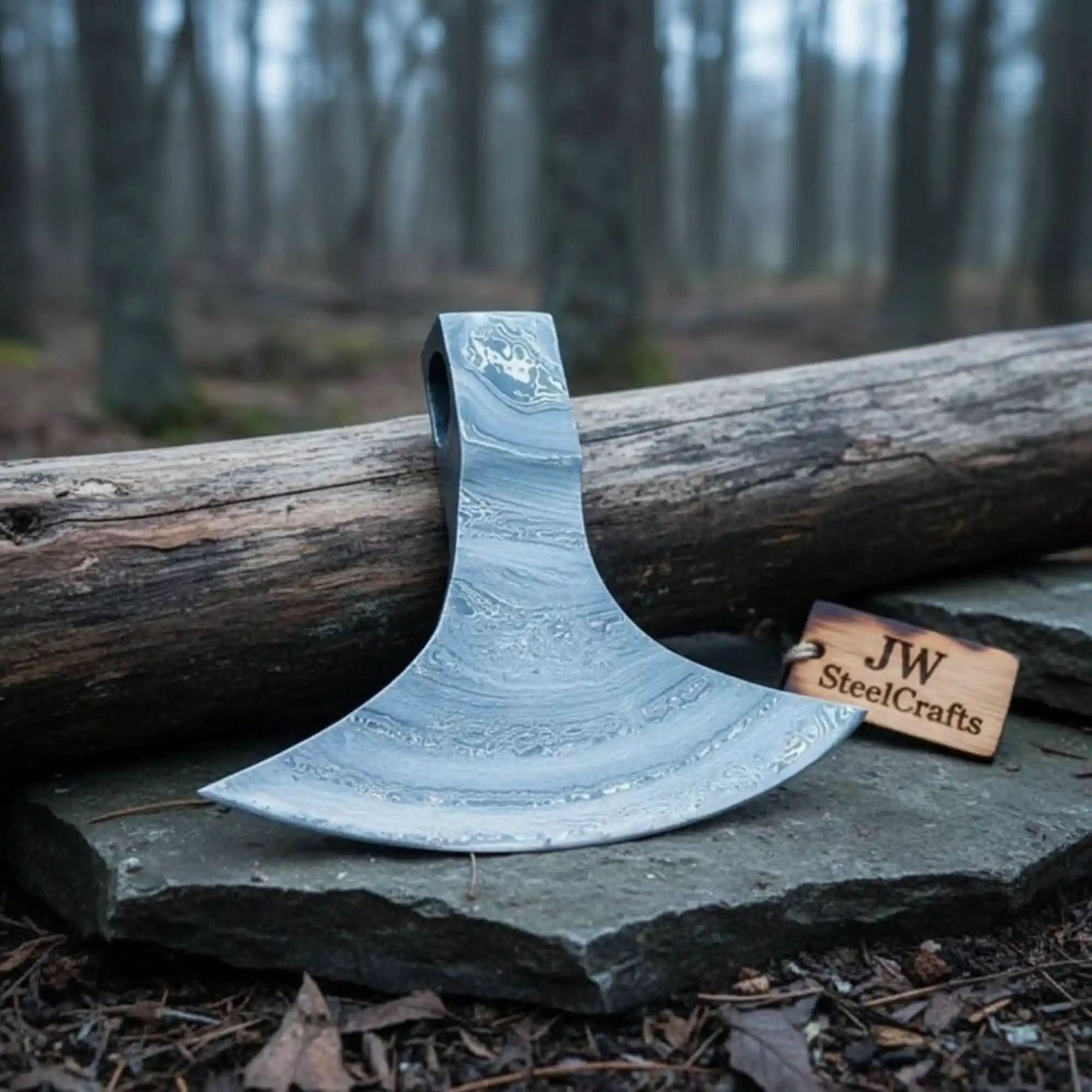 Damascus steel axe head with premium handle on rustic wood surface