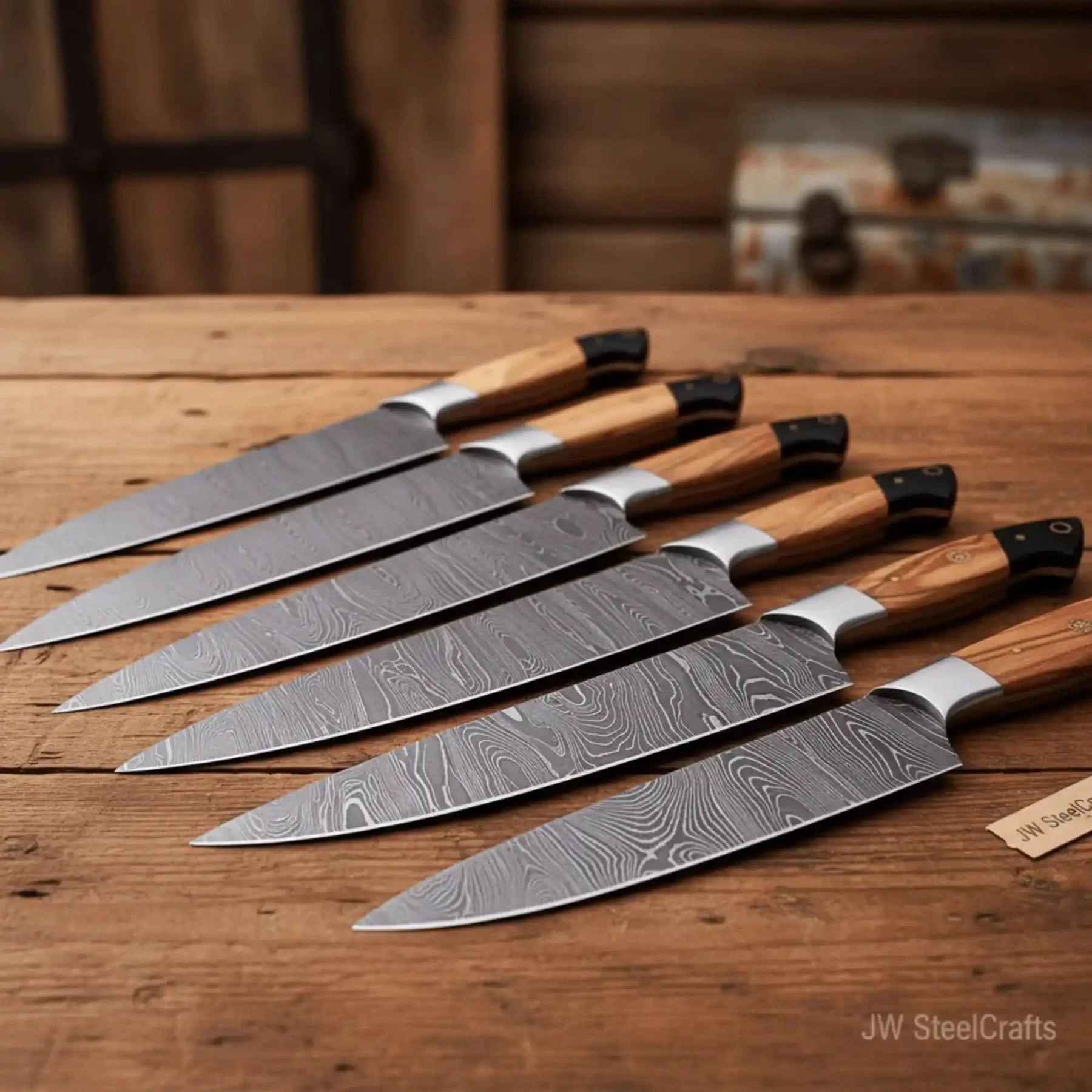 Handmade damascus steel knife with wood handle on dark surface