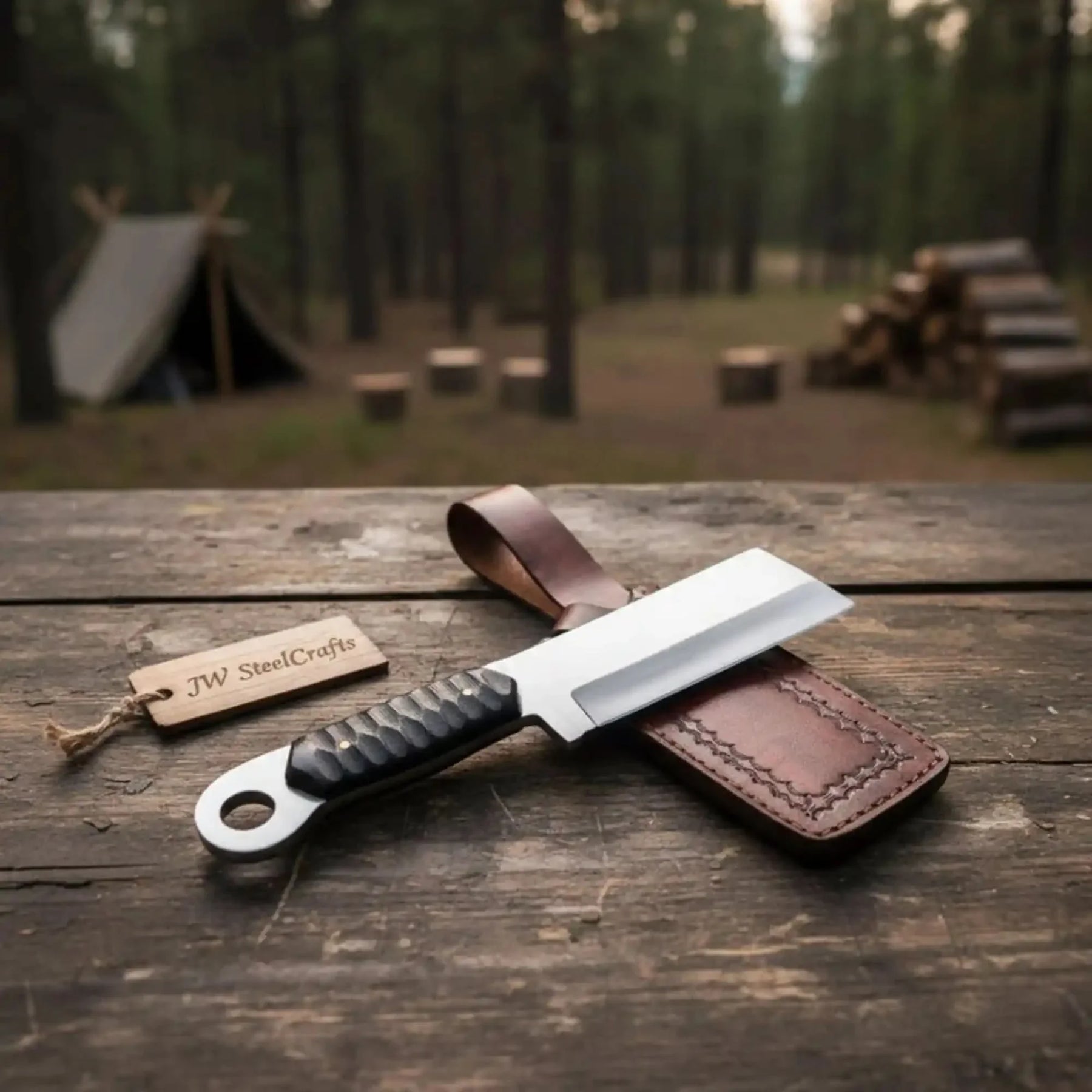 Handmade d2 steel steel knife with premium handle on dark surface