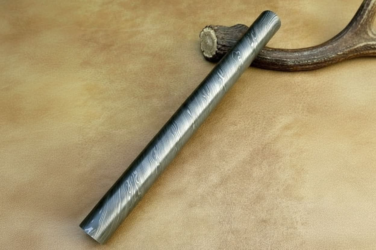 Full-length damascus steel replica sword with premium handle on dark background