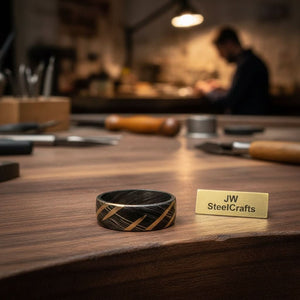 Mens Damascus Steel Wedding Band with Diagonal Brass Inlay Design by JW SteelCrafts
