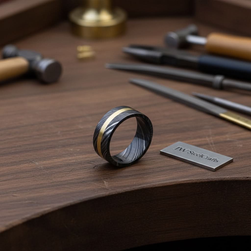 Mens Damascus Steel Wedding Band With Brass Inlay Handmade Ring by JW SteelCrafts