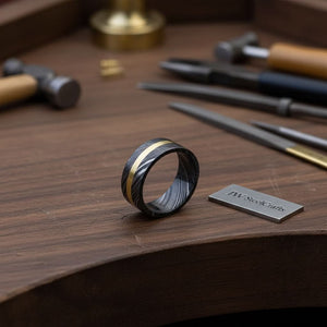 Mens Damascus Steel Wedding Band With Brass Inlay Handmade Ring by JW SteelCrafts