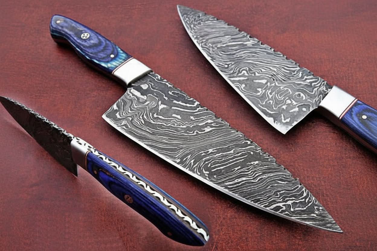 Handmade damascus steel knife with premium handle on dark surface