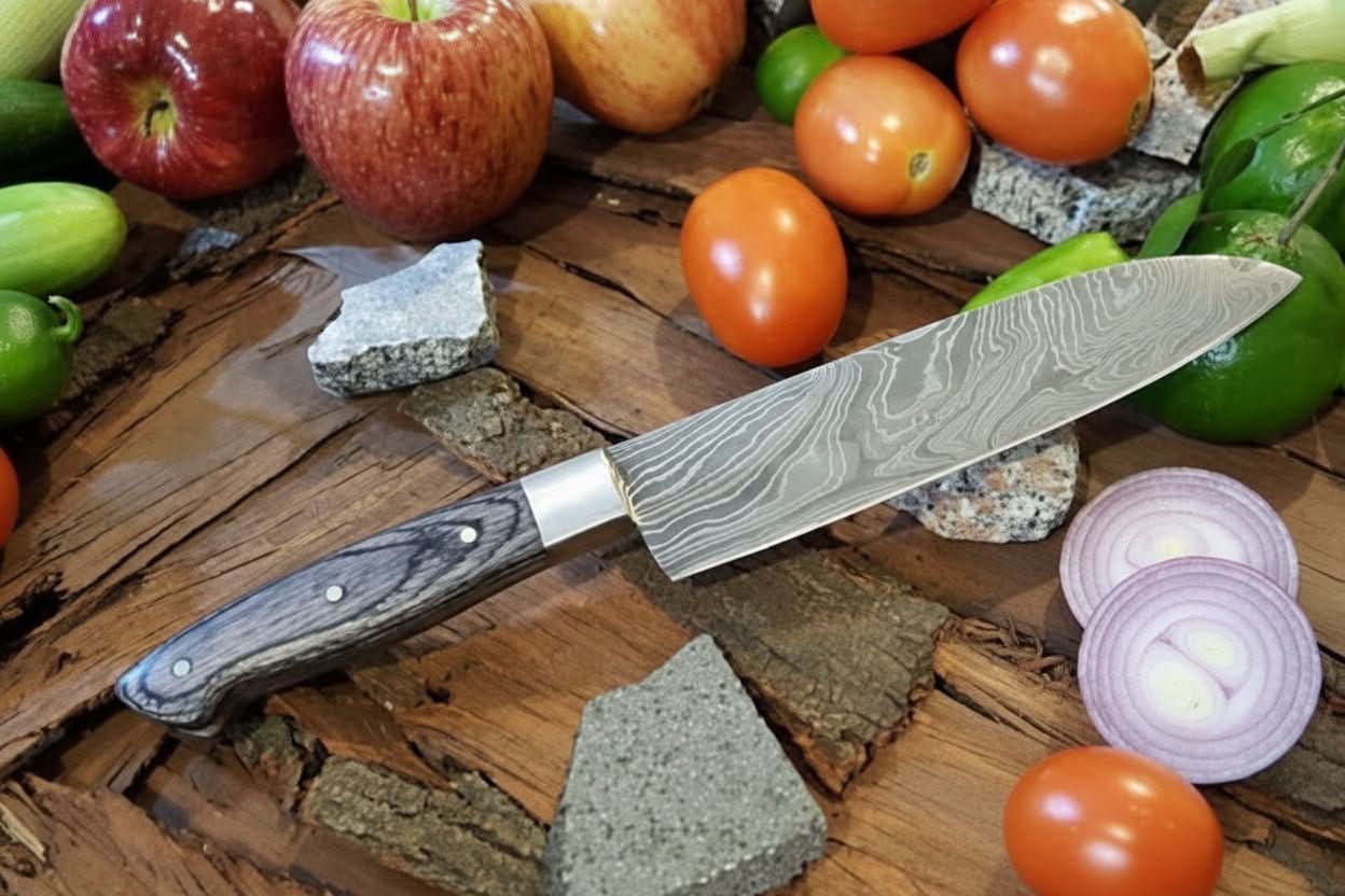 Handmade damascus steel knife with premium handle on dark surface