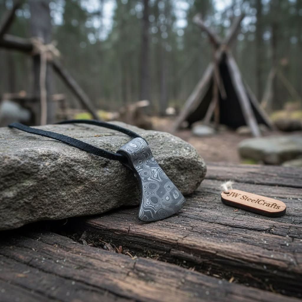 Damascus steel axe head with premium handle on rustic wood surface