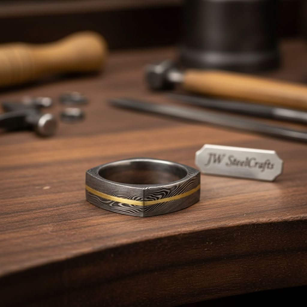 Damascus Steel Wedding Ring Faceted Band with Brass Inlay by JW SteelCrafts