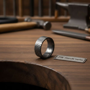 Mens Wide Damascus Steel Wedding Band Thick Handmade Pattern Ring by JW SteelCrafts