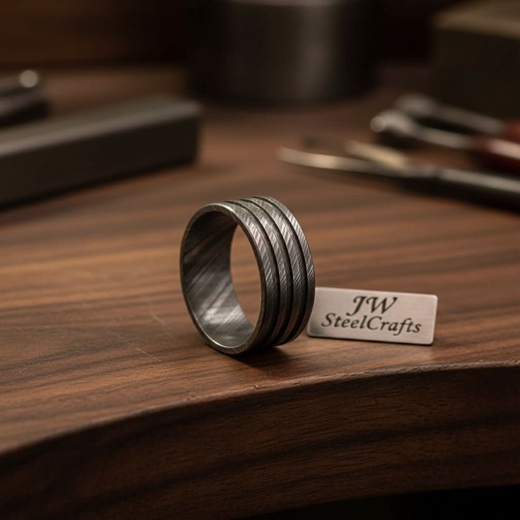 Mens Damascus Steel Wedding Band Wide Triple Groove Pattern Ring by JW SteelCrafts