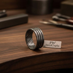 Mens Damascus Steel Wedding Band Wide Triple Groove Pattern Ring by JW SteelCrafts