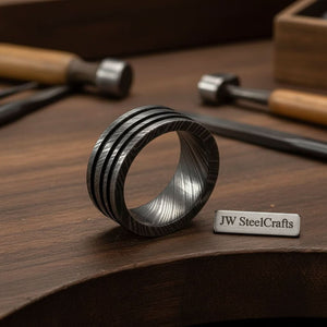 Mens Damascus Steel Wedding Band Wide Multi Groove Pattern Ring by JW SteelCrafts