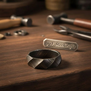 Mens Damascus Steel Faceted Wedding Band Handmade Geometric Ring by JW SteelCrafts