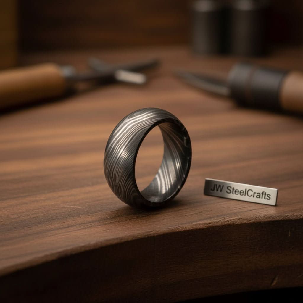 Mens Damascus Steel Wedding Band Classic Domed Comfort Fit Ring by JW SteelCrafts