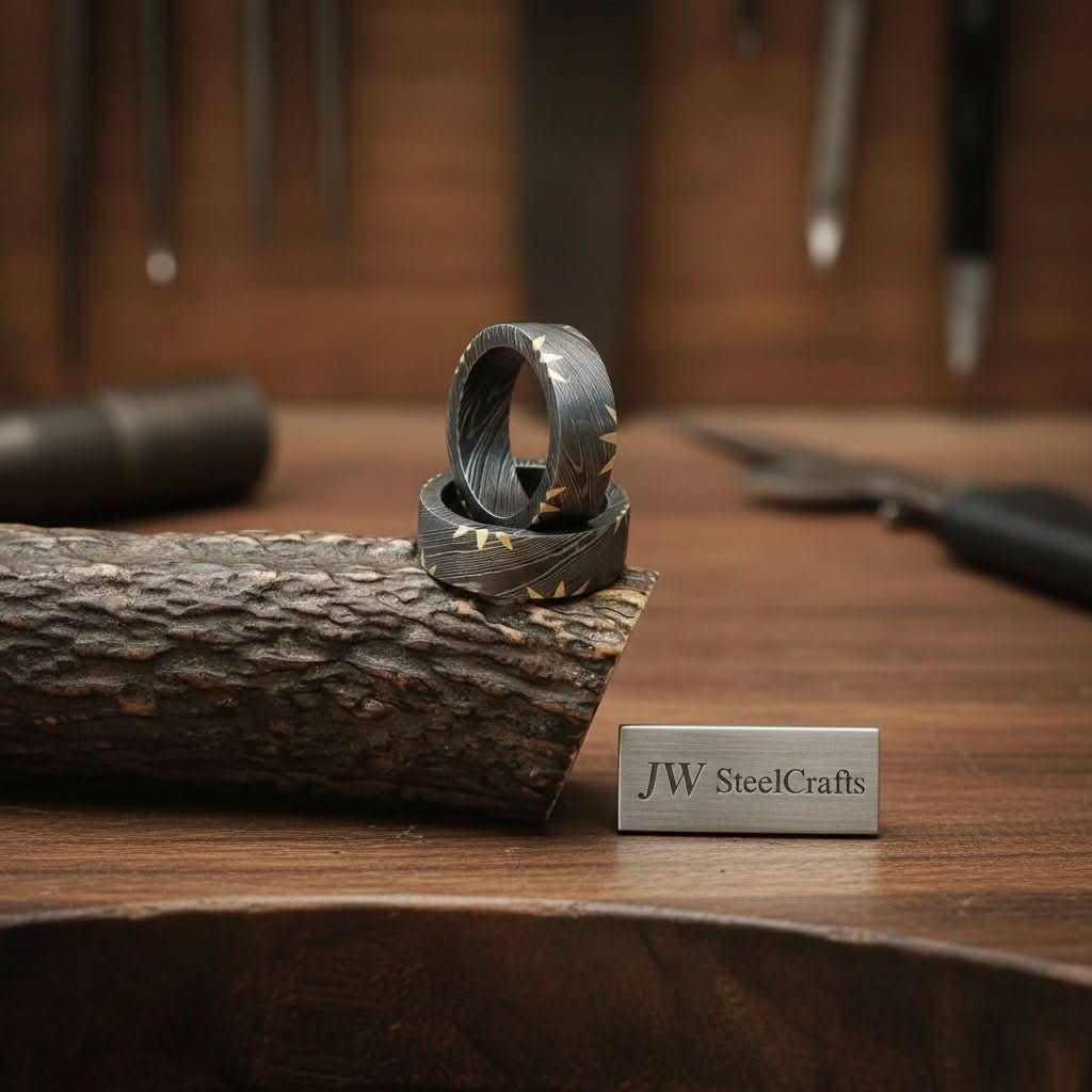 Mens Damascus Steel Wedding Band Brass Sunburst Inlay Handmade Ring by JW SteelCrafts