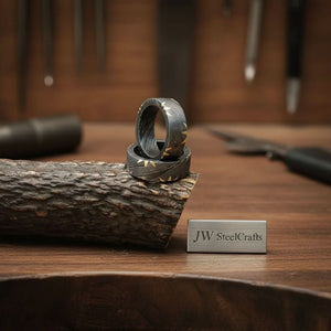 Mens Damascus Steel Wedding Band Brass Sunburst Inlay Handmade Ring by JW SteelCrafts