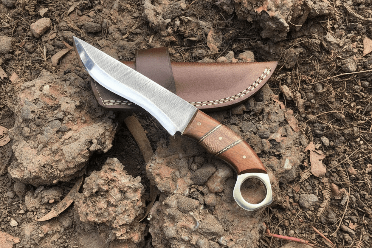 Handmade stainless steel steel knife with leather handle on dark surface