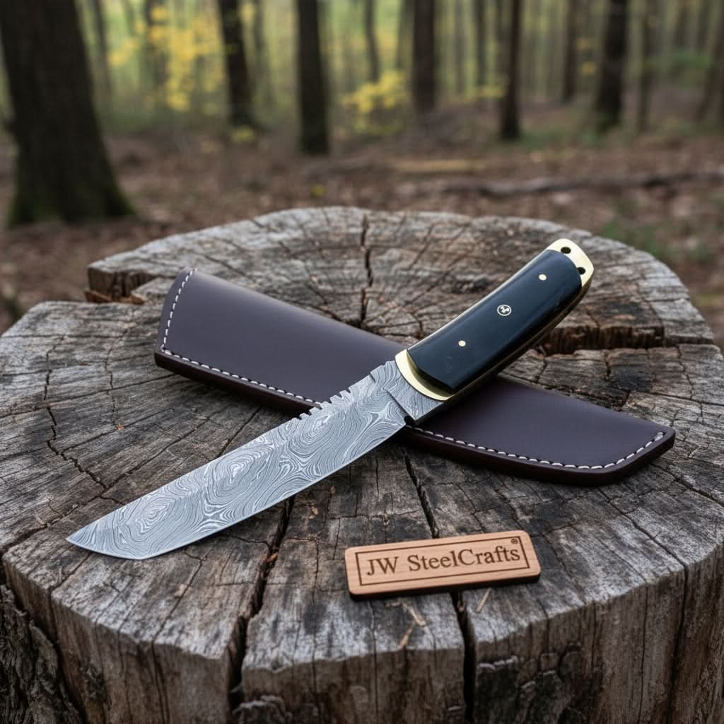 Handmade damascus steel knife with premium handle on dark surface
