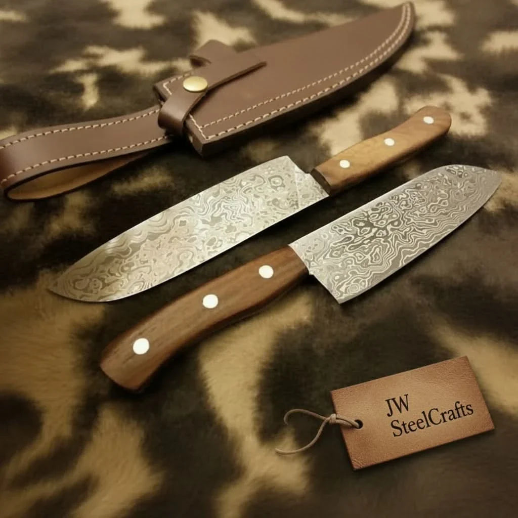 Handmade damascus steel knife with wood handle on dark surface