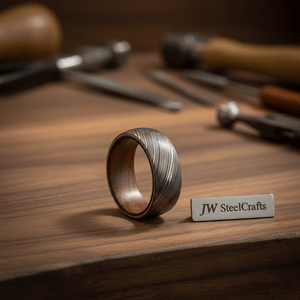 Mens Damascus Steel Wedding Band With Wood Liner Handmade Ring by JW SteelCrafts