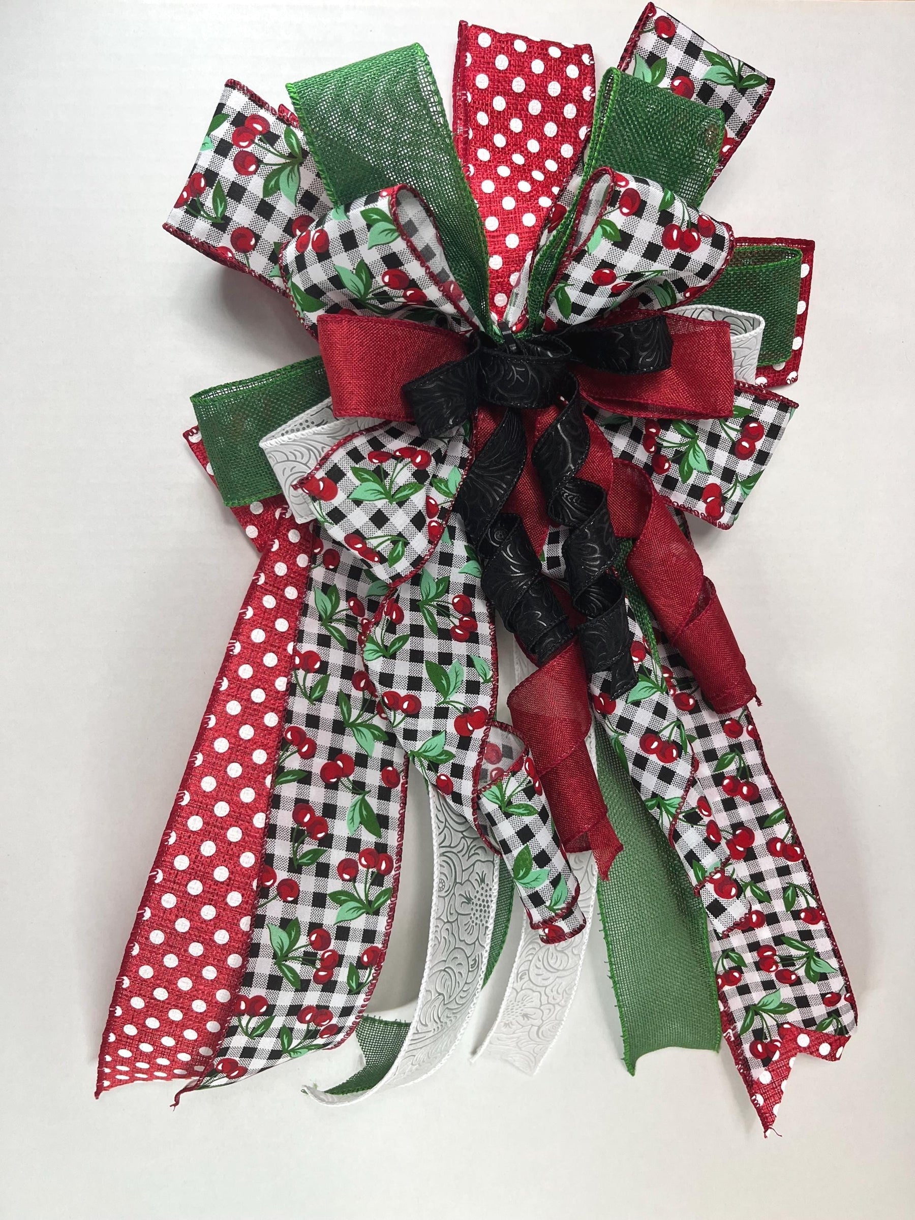 Cherry Gingham Door Bow | Red Polka Dot Wreath Decor by Bouge Creations, view 2