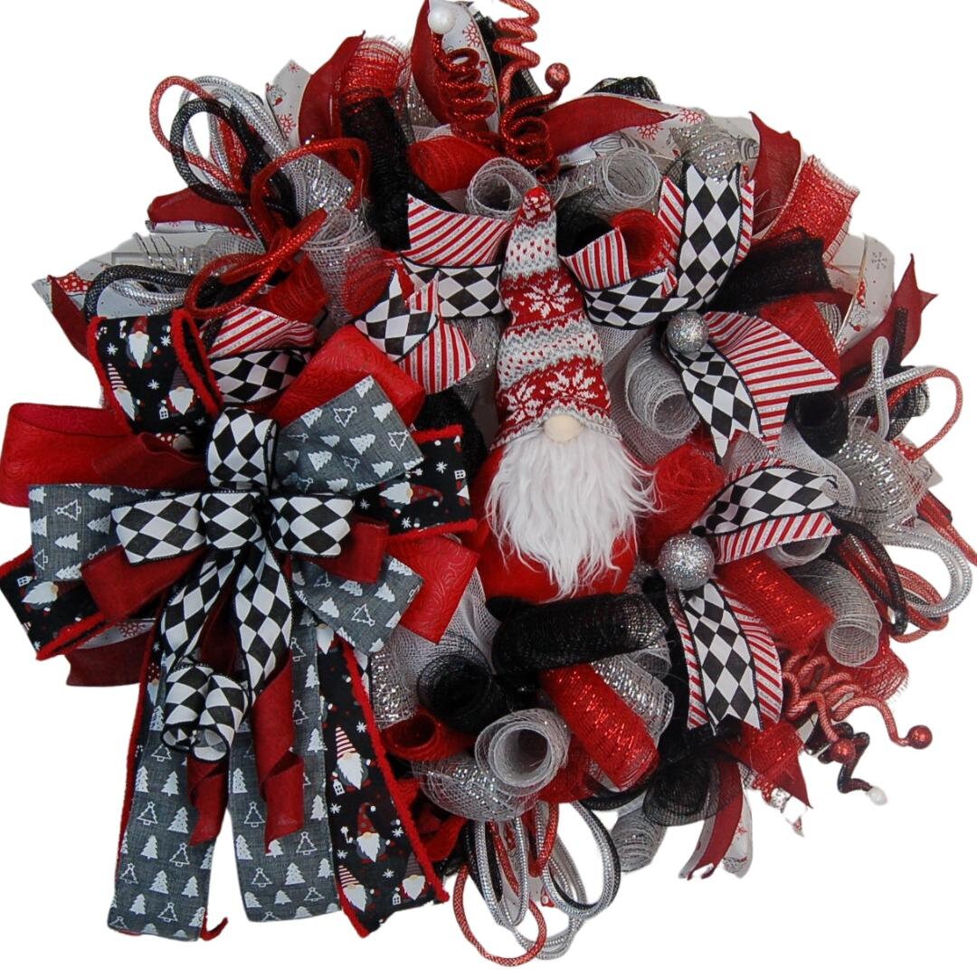 Christmas Gnome Wreath | Red & Green Plaid Door Decor by Bouge Creations, view 2