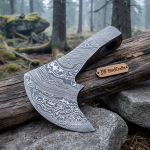 Damascus steel axe head with premium handle on rustic wood surface