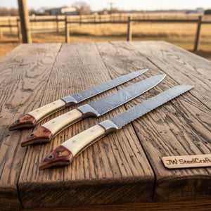 Handmade Damascus Steel Kitchen Knife Set with Bone and Wood Handles