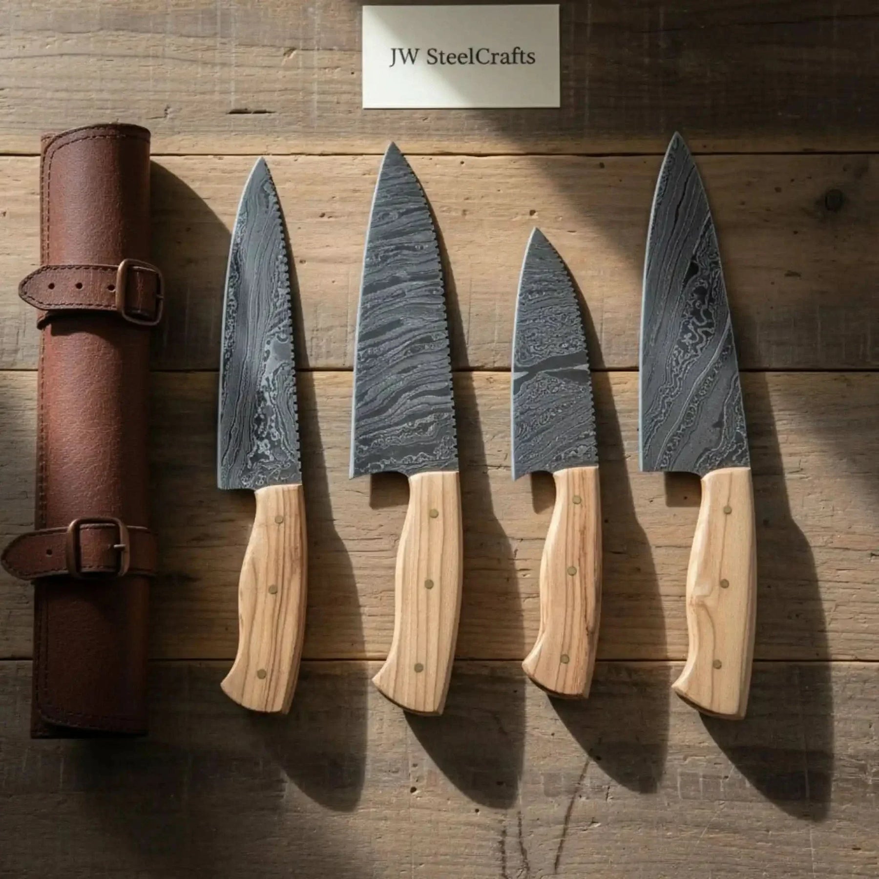 Handmade damascus steel knife with wood handle on dark surface