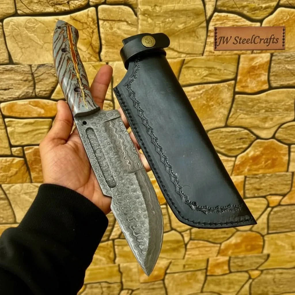 Damascus Hunting Knife with Grey Pinecone Handle | Full Tang + Black Leather Sheath by JW SteelCrafts