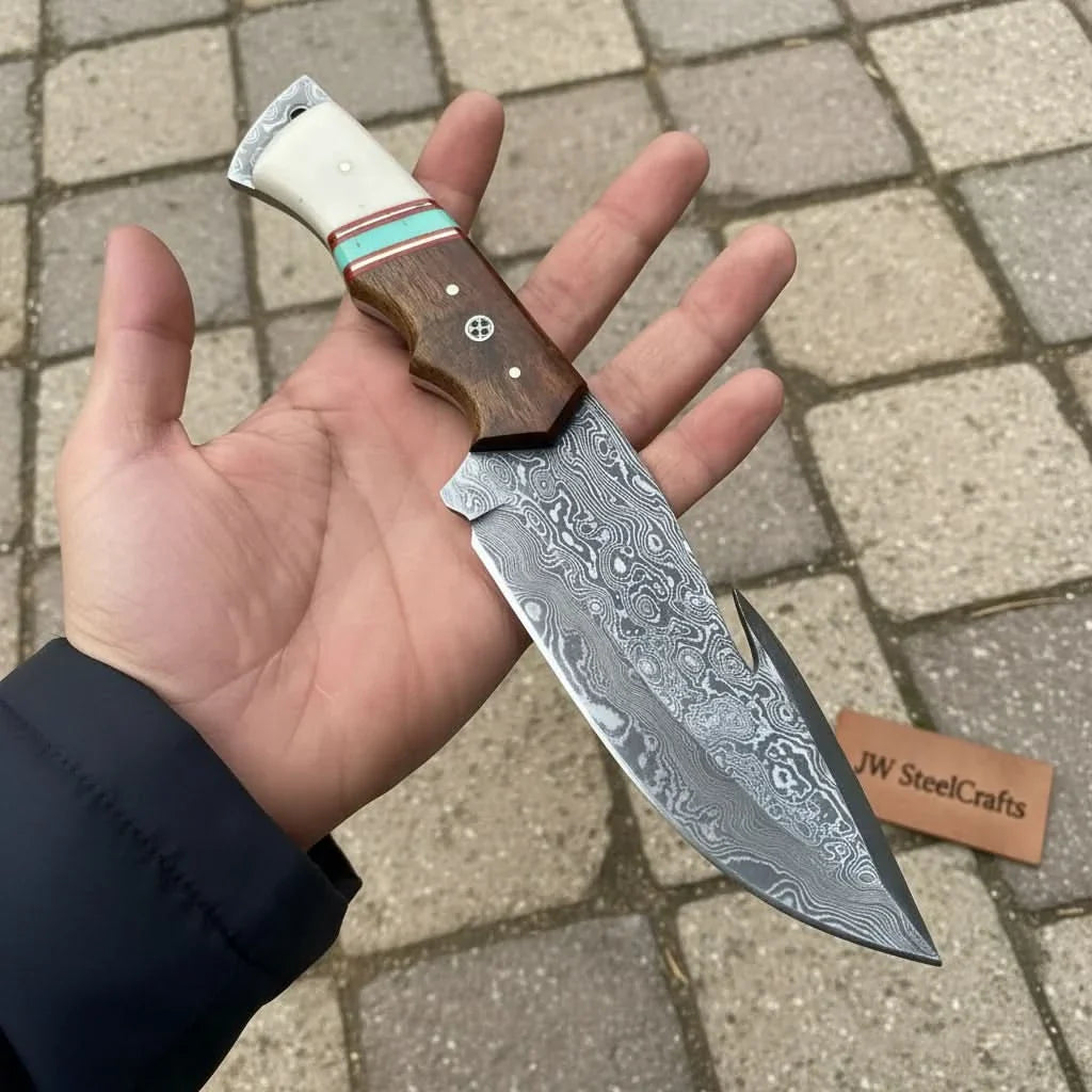 Damascus Gut Hook Hunting Knife — Bone, Turquoise Resin & Rosewood Handle, Damascus Bolster & Leather Belt Sheath by JW SteelCrafts