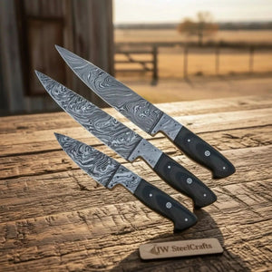 Handmade damascus steel knife with micarta handle on dark surface