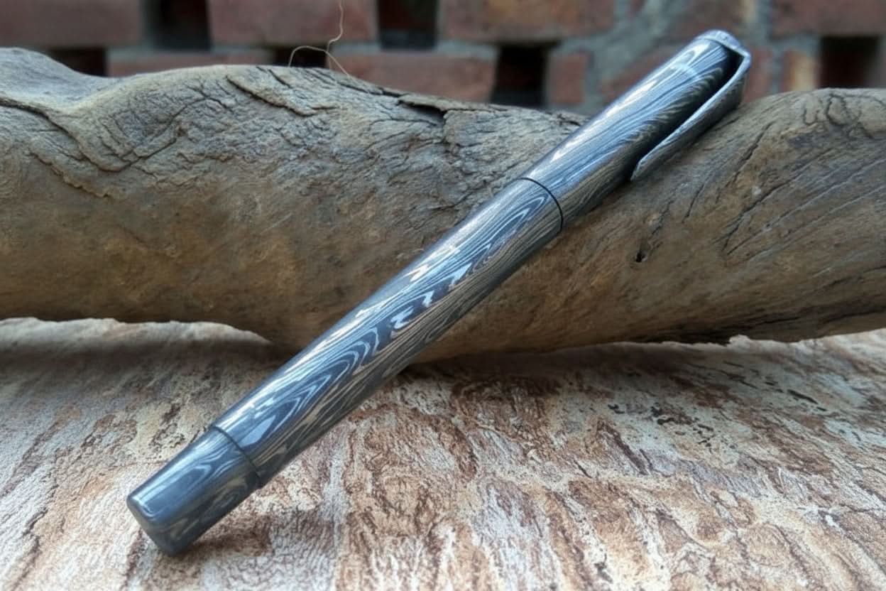 Handmade damascus steel knife with premium handle on dark surface