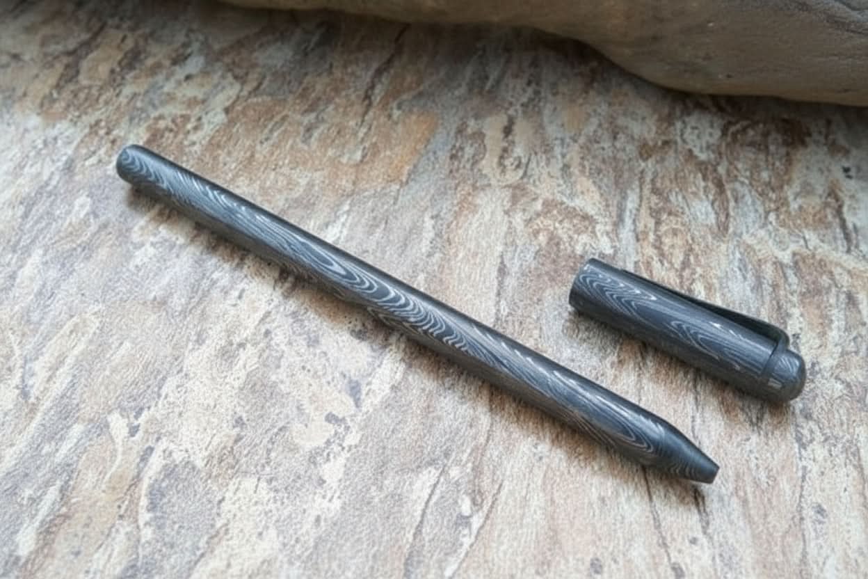 Handmade damascus steel knife with premium handle on dark surface