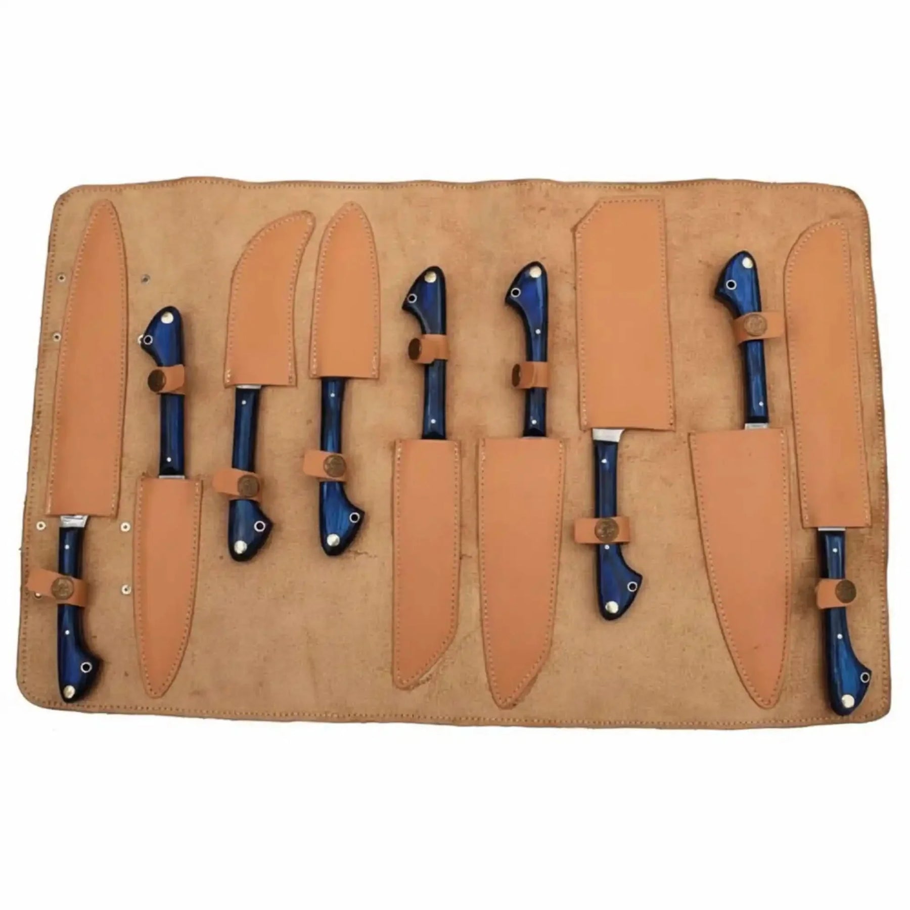 9-Piece Damascus Kitchen Knife Set with Leather Roll, Chef, Santoku, Nakiri, Bread, Utility, Boning and Paring Knives, Blue Handle Full Tang, JW SteelCrafts