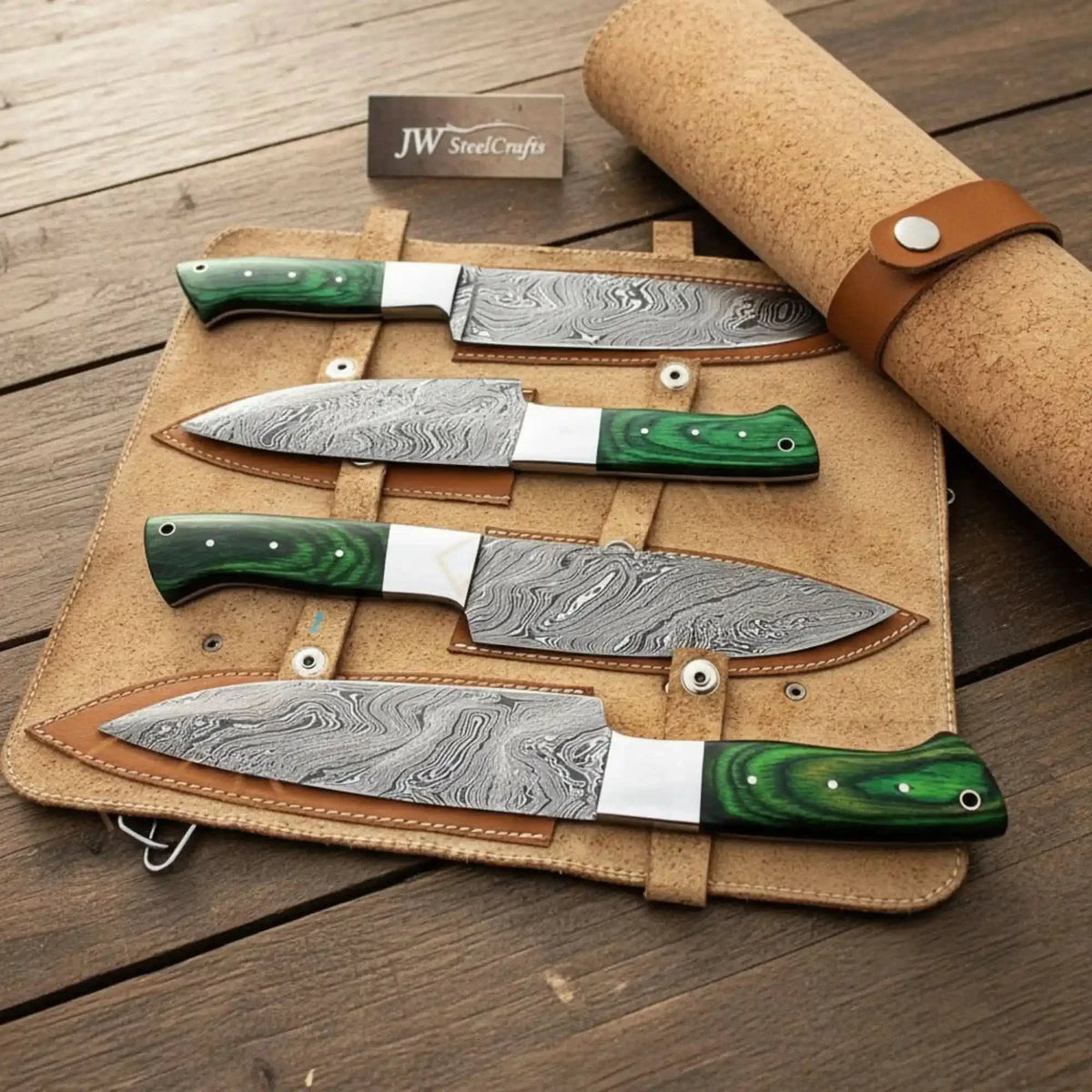 Handmade Damascus Kitchen Knife Set – Chef, Santoku, Utility Knives with Green Wood Handles detail view by JW SteelCrafts