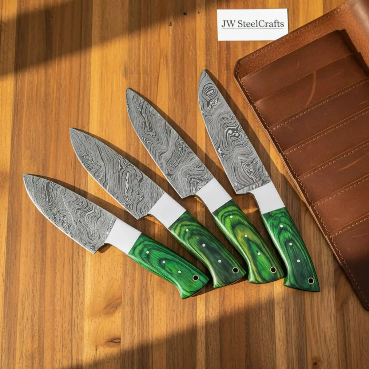Handmade Damascus Kitchen Knife Set – Chef, Santoku, Utility Knives with Green Wood Handles by JW SteelCrafts