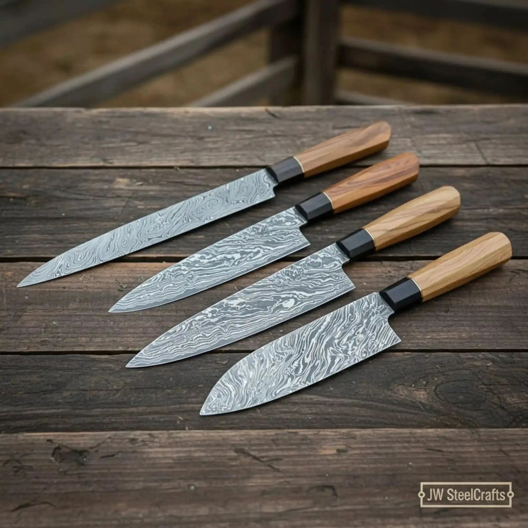 Handmade damascus steel knife with wood handle on dark surface