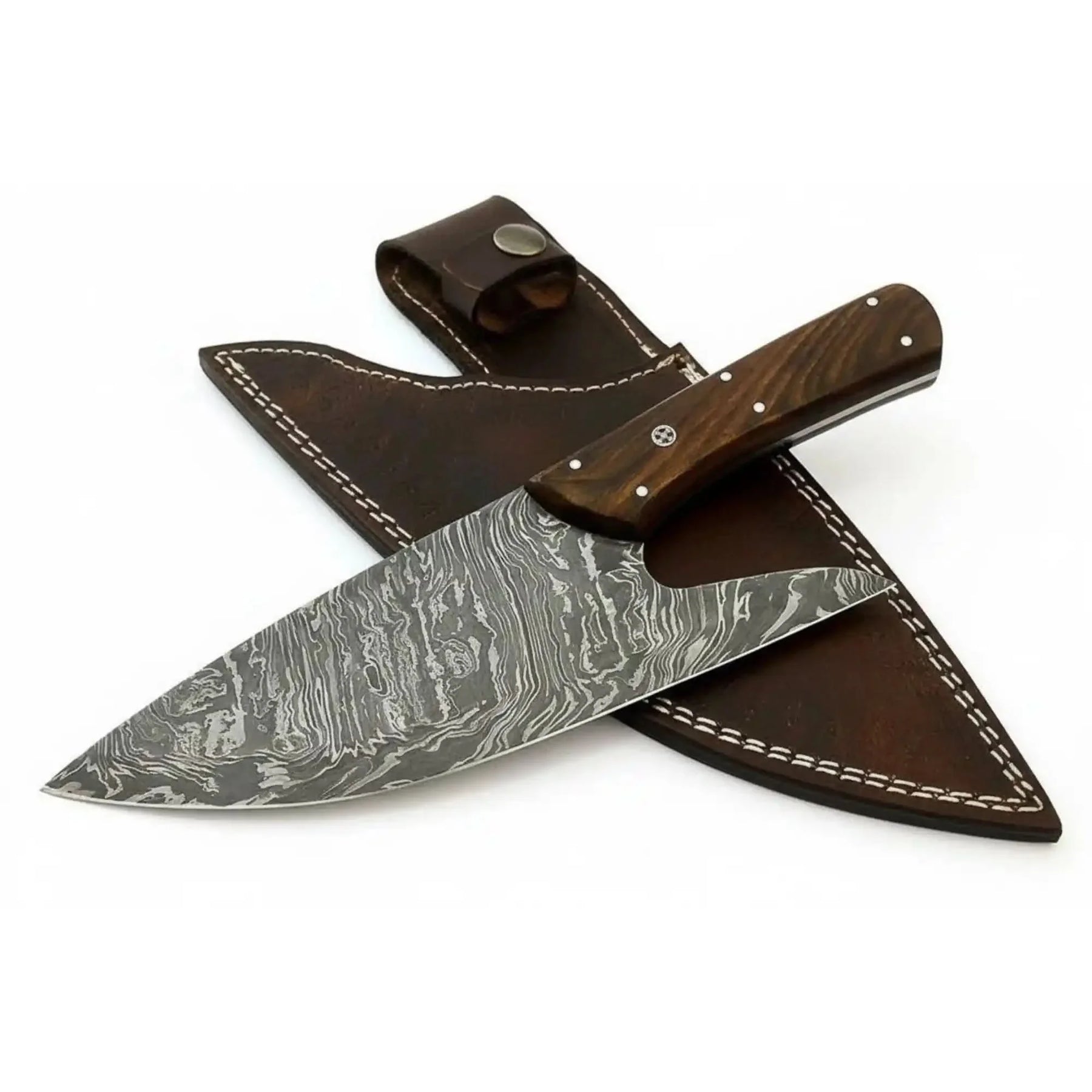 Handmade damascus steel knife with wood handle on dark surface
