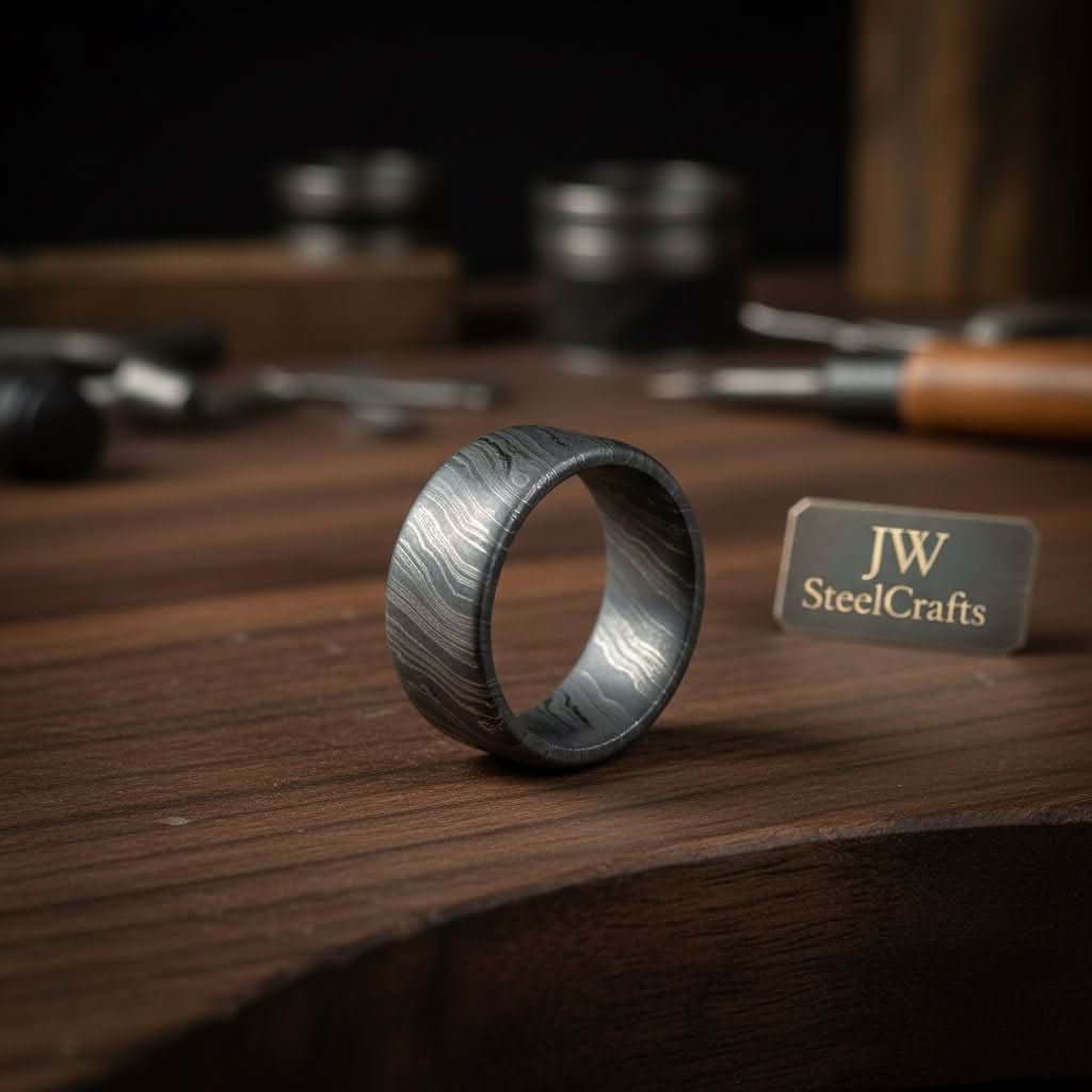 Mens Damascus Steel Wedding Band Smooth Domed Handmade Ring by JW SteelCrafts