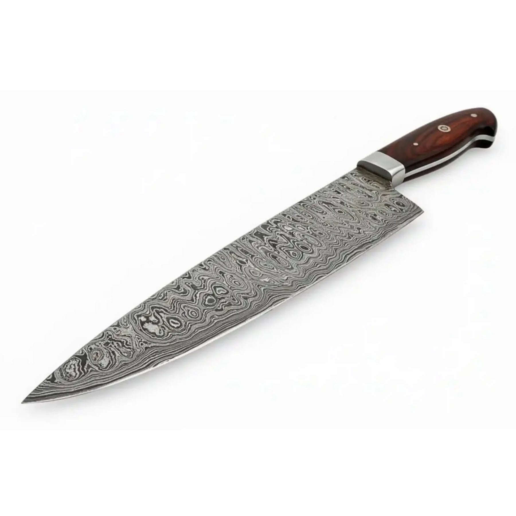 Handmade damascus steel knife with micarta handle on dark surface