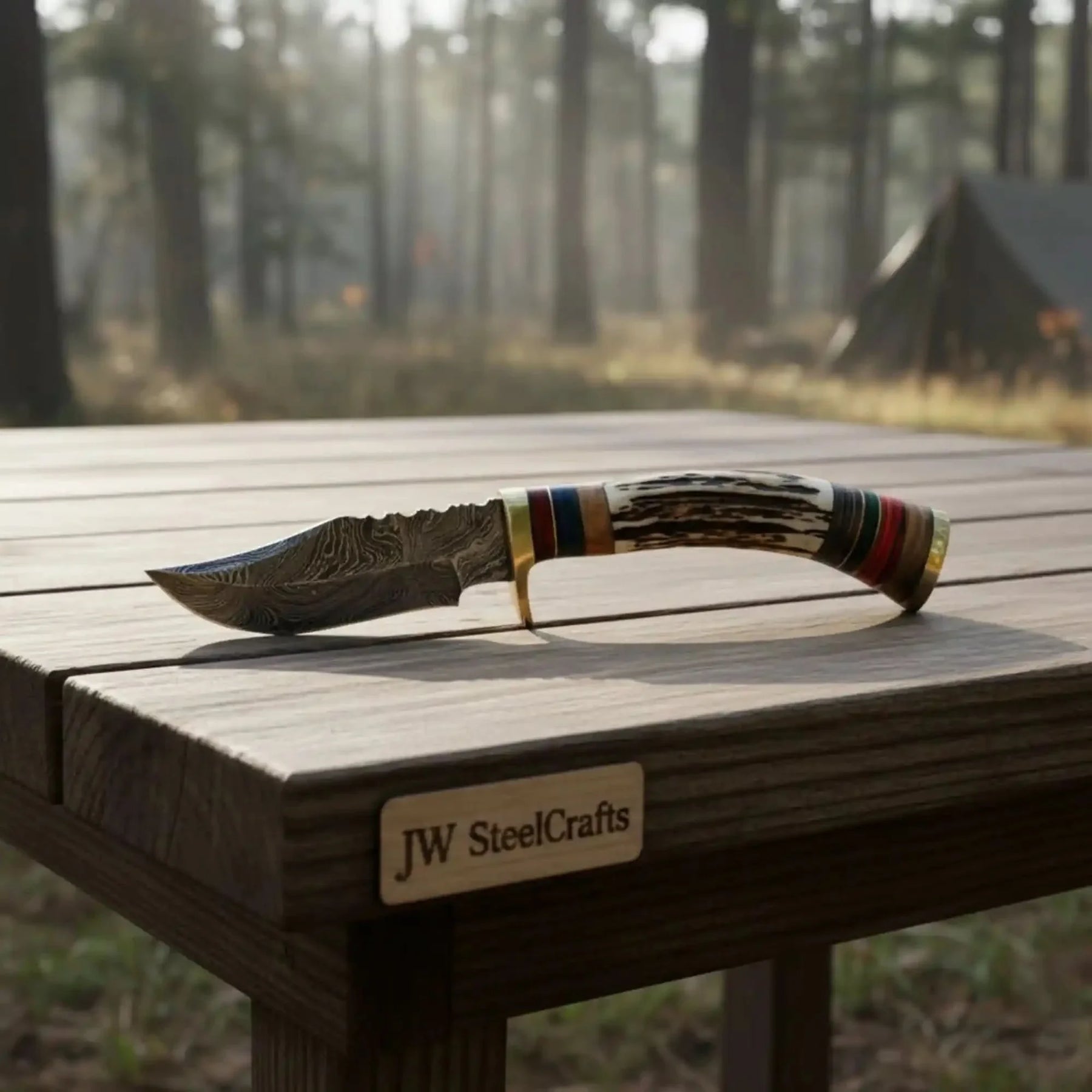 Damascus Steel Skinner Knife Deer Antler Handle Brass Guard Handmade Fixed Blade Hunting Knife
