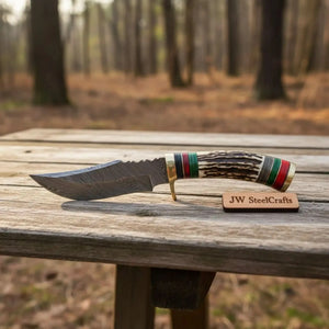 Damascus Steel Skinner Knife Deer Antler Handle Brass Guard Handmade Fixed Blade Hunting Knife by JW SteelCrafts