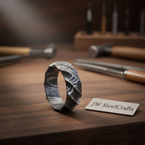 Mens Damascus Steel Twisted Faceted Wedding Band Handmade Ring by JW SteelCrafts