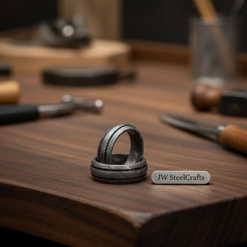 Damascus Steel Wedding Band Set for Couples Twisted Damascus Rings by JW SteelCrafts
