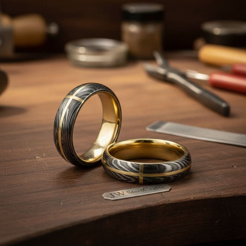Damascus Steel Wedding Ring Set Brass Cross Inlay Couple Bands by JW SteelCrafts