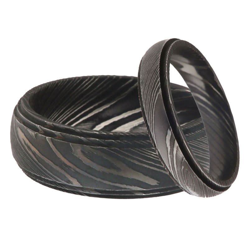 Damascus Steel Wedding Ring Set for Couples Black Pattern Wedding Bands by JW SteelCrafts