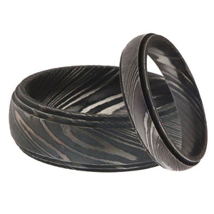 Damascus Steel Wedding Ring Set for Couples Black Pattern Wedding Bands by JW SteelCrafts
