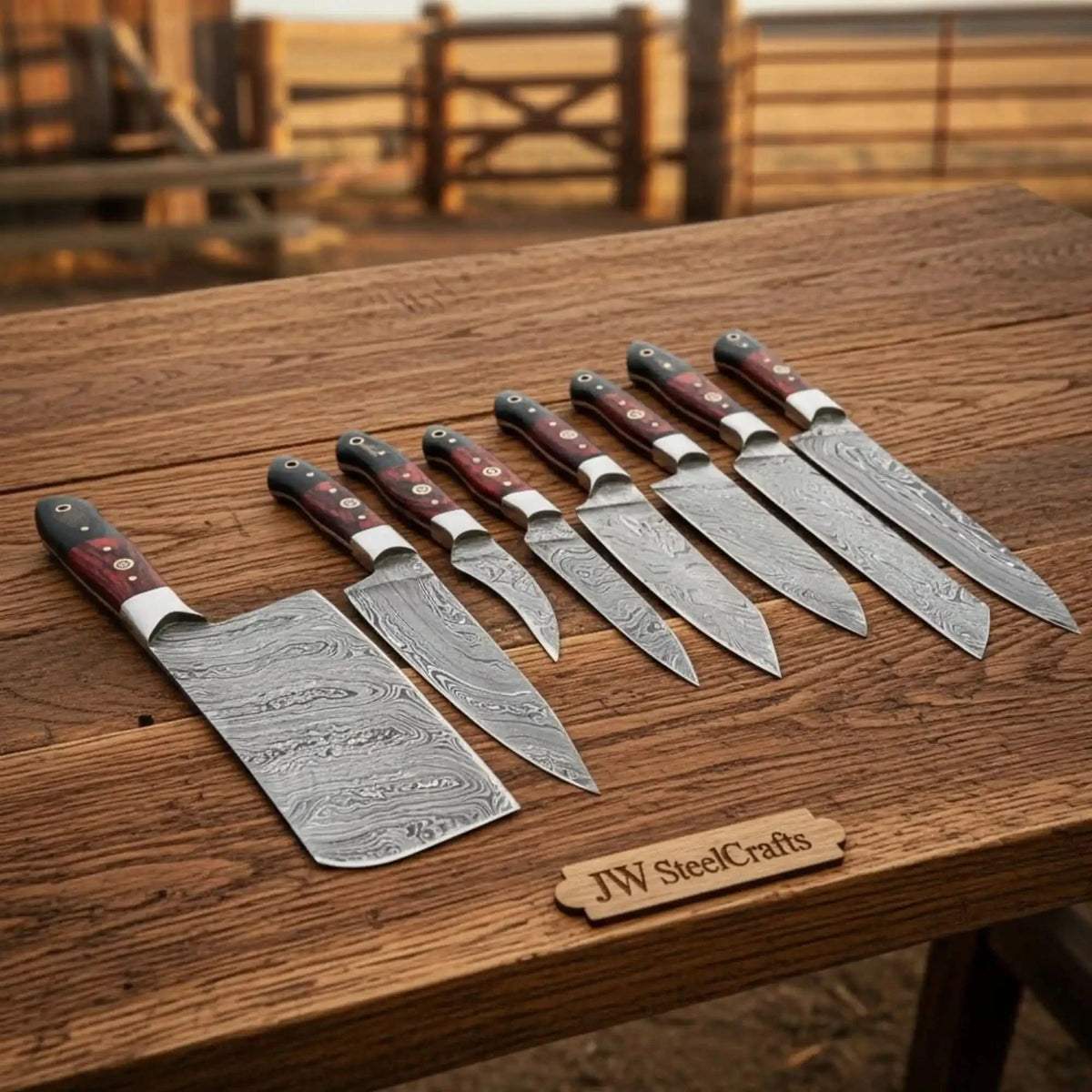 Handmade Damascus Western Chef Knife Set with Cleaver — 8-Piece Damascus Blades by JW SteelCrafts