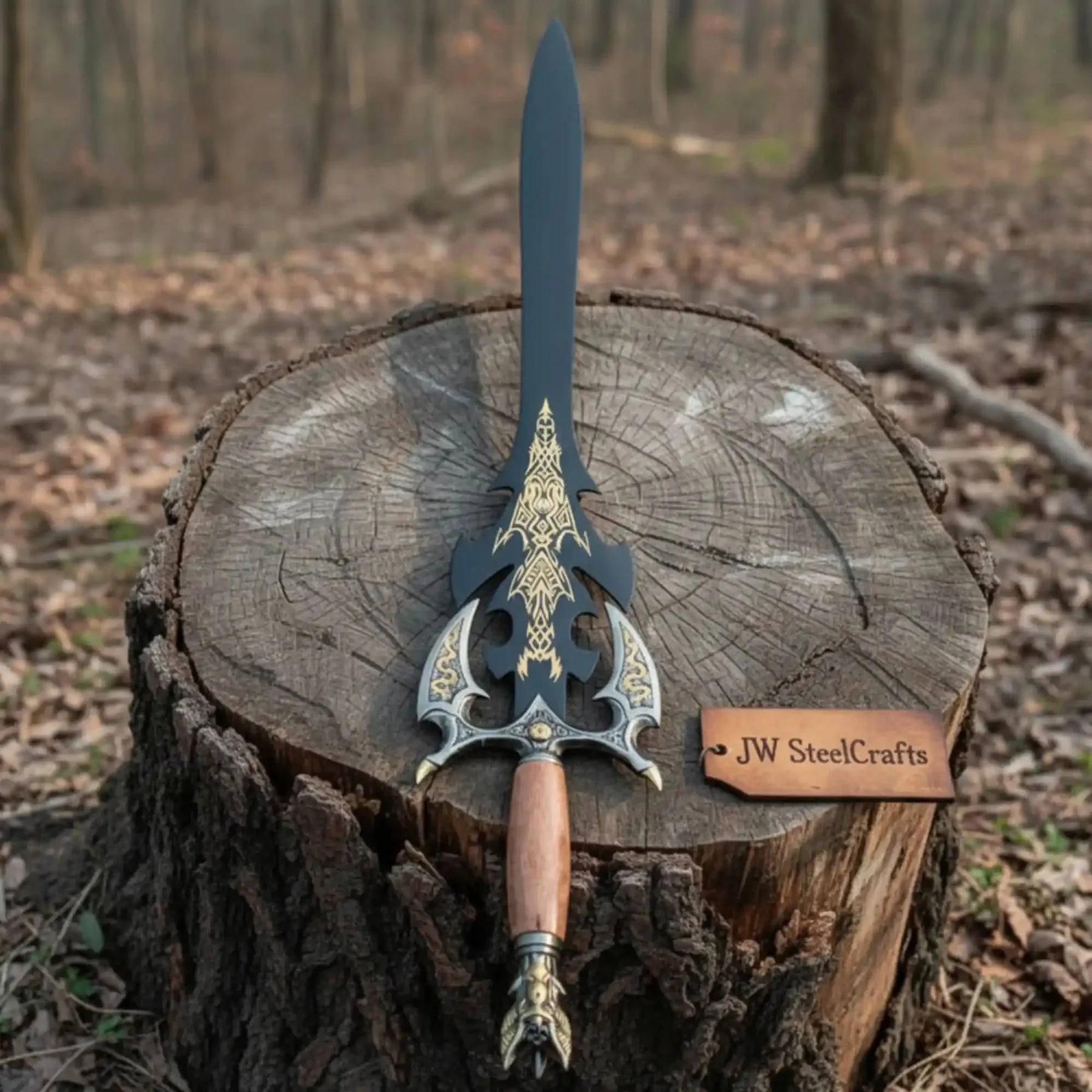 Full-length damascus steel replica sword with premium handle on dark background